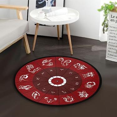 Imagem de Tapete redondo para quarto círculo do zodíaco horóscopo vermelho antiderrapante tapete de banheiro redondo tapetes macios para entrada lavanderia sala de estar