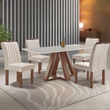 Imagem de Mesa de Jantar 4 Lugares Kyra/Arizona com Vidro Chocolate/Off White/Suede Bege - Cel Móveis