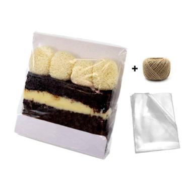Imagem de Kit 50 Slice Cake Embalagem p/ fatia de Bolo c/ Celofane + Fio de juta Branco 12x12cm