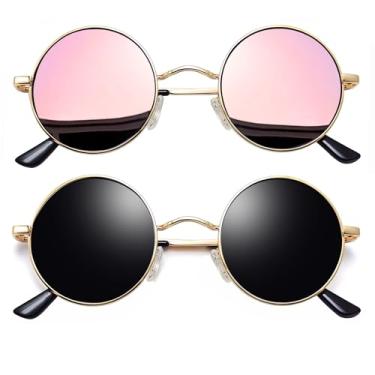 Imagem de Óculos de Sol Joopin Redondos Masculinos e Femininos Polarizados, Pequeno Círculo Hippie Vintage Retrô Steampunk Armação de Metal com Proteção UV (Ouro Preto + Rosa Espelhado)