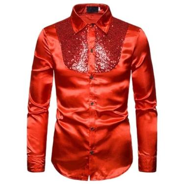 Imagem de Camisa masculina de seda com lantejoulas roxas estilo menino ocidental cetim camisa social discoteca dança palco fantasia para homens, Vermelho, G
