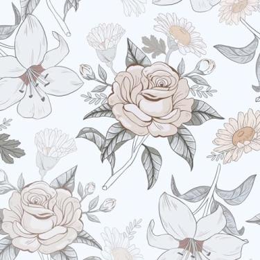 Imagem de Fvlow Papel de Parede Floral Branco Vintage Rosa Floral, Descascável e Colante, Impermeável, Cobertura de Parede, Autoadesivo, para Quarto, Bancada, Armários, Mesa, Decoração