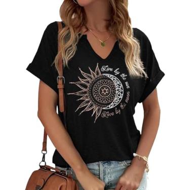 Imagem de Woffccrd Camisetas femininas com gola V vintage estampa sol e lua manga curta férias engraçadas camisetas estampadas, X Preto, GG