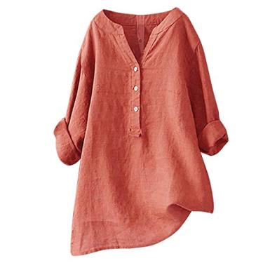 Imagem de Blusas femininas elegantes, casuais, manga 3/4, solta, com botões, gola redonda, camisas de linho longas, cor sólida, Laranja A5, 4XG