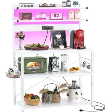 Imagem de Aheaplus Bakers Rack com tomada elétrica, suporte para micro-ondas, estação de cafeteria de 5 camadas com luzes de LED, prateleira de armazenamento de cozinha com 6 ganchos em forma de S, suporte de