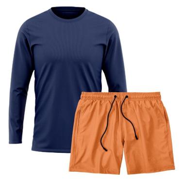 Imagem de Kit Short Praia Academia Passeio Treino Laranja + Manga Longa Masculina Segunda Pele Dry-Masculino