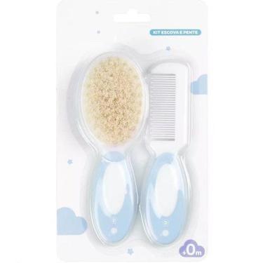 Imagem de Kit Pente e Escova para Bebe Cerdas Naturais Pimpolho, Azul