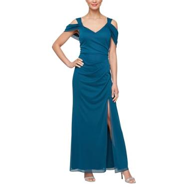 Imagem de Alex Evenings Vestido feminino longo ombro vazado para mãe da noiva com detalhes de contas no quadril (tamanhos pequeno e regular), Gola V Pavão, 11