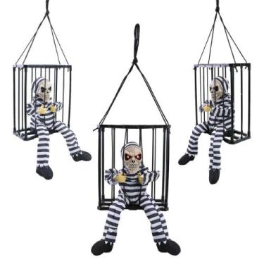 Imagem de Enfeite Halloween Caveira Presidiária Presa na Gaiola Fácil pra Pendur