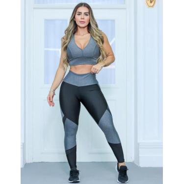 Imagem de Conjunto Fitness com Calça Legging e Cropped com Bojo  - Fitmoda, Mesc