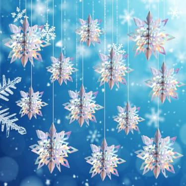 Imagem de 12 peças de flocos de neve pendurados, guirlanda de Natal, flocos de neve 3D, flocos de neve brancos, papel flocos de neve pendurados para Natal, férias de inverno, ano novo, país das maravilhas