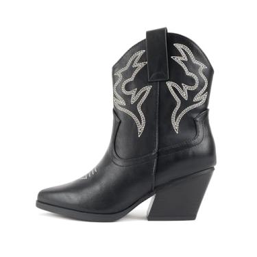 Imagem de Soda "BLAZING" ~ Bota feminina estilo western bico fino com salto baixo (ajuste amplo disponível), Costura preta/branca, 41
