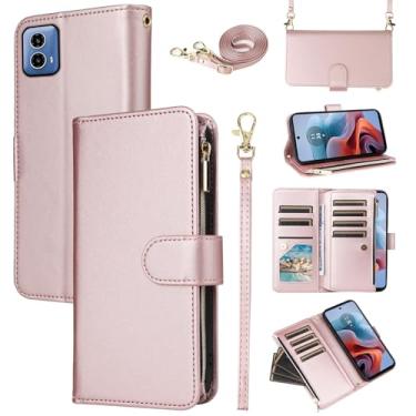 Imagem de Furill Capa carteira para Motorola Moto G34 5G com alça de pulso destacável, alça de ombro transversal, de couro PU, bolsa dobrável com zíper, 11 + compartimentos para cartões, capa protetora para