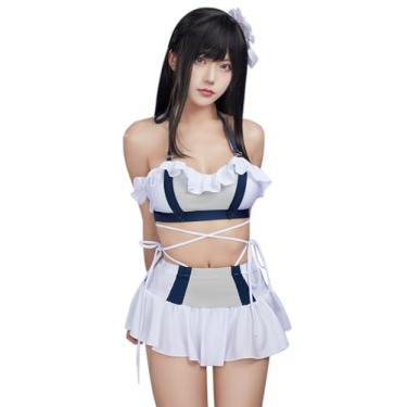 Imagem de haikyuu Traje de banho feminino fantasia cosplay anime duas peças com acessório de cabeça frente única e saia, Branco, P