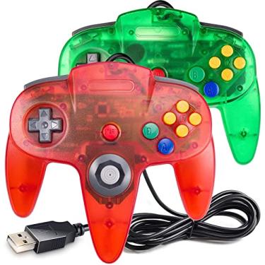 Imagem de Pacote com 2 controladores clássicos N64, joystick USB com fio, controle Joy Pad para Windows PC, Mac, Linux, Raspberry Pi 3, Sega Genesis (verde claro/vermelho claro)