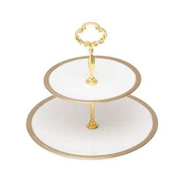 Imagem de Prato duplo 27 cm para doces de porcelana branca com suporte de metal 