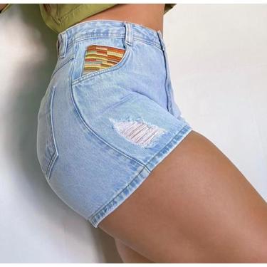 Imagem de Short Jeans Cintura Alta Com Bordado - IMPÉRIO JEANS, Lavagem clara, 3