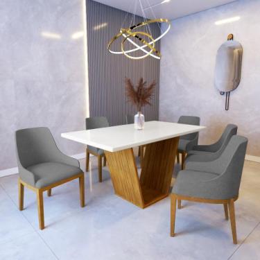 Imagem de Mesa de Jantar 1,6m Safira Off White com 6 Cadeiras Elisa Linho Cinza 