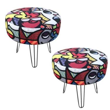Imagem de Kit 02 Puff Banqueta Rio Redondo Estampado Romero Gato Pés De Aço Aram