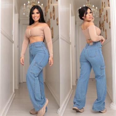 Imagem de Calça Wide leg Cargo bolso do lado, Feminina Jeans Clara, Pantalona Ci