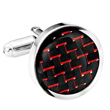 Imagem de Abotoaduras masculinas de titânio preto e vermelho fibra de carbono polido redondo
