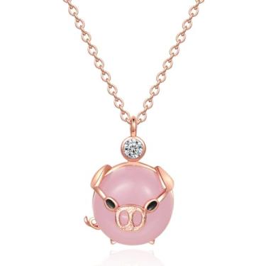 Imagem de Izpack Colar feminino com pingente de porco rosa fofo de cristal de zircônia cúbica de animal porquinho ajustável, joias delicadas de aniversário para ela, Small, Zircônia cúbica Metal, Sem Pedra