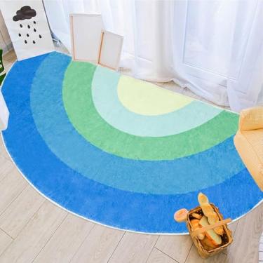Imagem de Lacomfy Tapete infantil 1,5 m arco-íris para quarto de meninos e meninas meio redondo arco-íris playroom tapete de banheiro macio para cabeceira infantil tapete antiderrapante lavável, 80 cm x 160 cm,