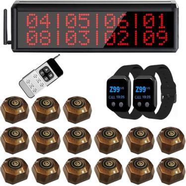 Imagem de WNKRUN Sistema de chamadas sem fio para restaurante com 1 tela de exibição para/1 controle remoto/2 pagers de relógio/15 botões de chamada à prova d'água para chamadas de servidor de restaurante