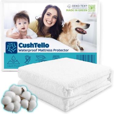 Imagem de CushTello™ Capa protetora de colchão 100% à prova d'água – Capa de cama queen size de mistura de algodão macio de 180 g/m², impermeável, sem ruído, respirável, lavável e seca na máquina