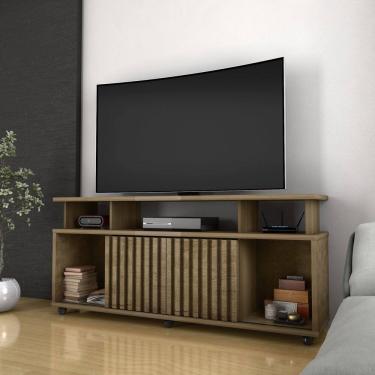 Imagem de Rack Bancada Sala com Pés de Rodinha e 2 Portas Ripada Dallas 160x72cm Canela