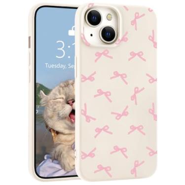 Imagem de LuminousGuard Capa para iPhone 14 Pro, capa protetora de silicone líquido branco com laço rosa fofo Kawaii, capa protetora de borracha de gel macio para mulheres e meninas