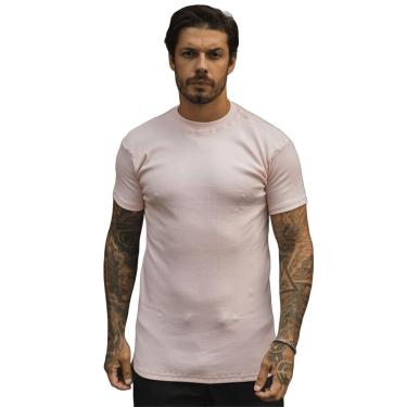 Imagem de Camiseta Slim Canelada Lisa Básica Estilo Americano Streetwear Justa ao Corpo Ribana Rosa Claro-Masculino