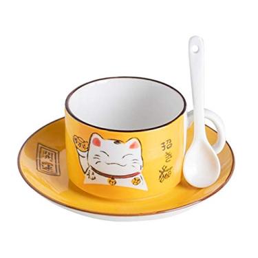 Imagem de EatingBiting(R)5 cores pintadas à mão nível de arte para gatos da sorte Maneki Neko cerâmica xícara de chá conjunto de 3 peças 1 xícara 1 prato 1 colher de porcelana Cappuccino copos com pires ou especialidades bebidas de café, latte, café, Amarelo, Cup Size:7.5cm x 5.0cm / 3.0 " x 2.0" approx.