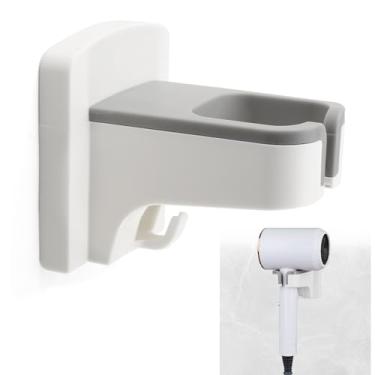 Imagem de QruiLanTu Suporte de secador de cabelo autoadesivo montado na parede com organizador de cabos, suporte de secador de cabelo mãos livres para banheiro organizador de secador de cabelo (branco)