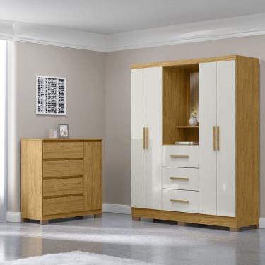 Imagem de Conjunto Guarda-Roupa 4 Portas e 3 Gavetas Capella com Espelho e Cômoda 1 Porta 4 Gavetas Vega Marrocos/Off White
