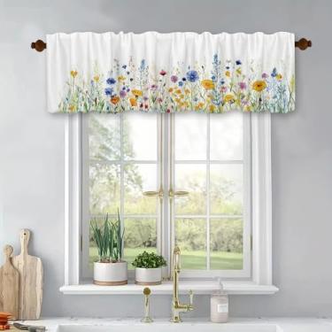 Imagem de Cortinas curtas de tratamento de janelas de flores silvestres em aquarela, cortinas blackout com bolso para varão, painel superior para banheiro, quarto, sala de estar, 137 x 45 cm