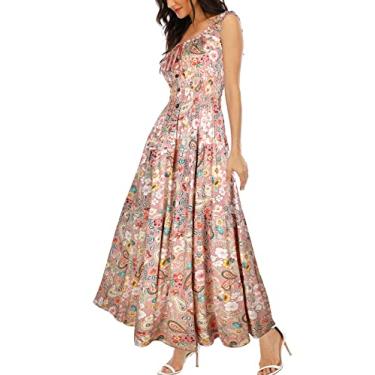 Imagem de Vestido feminino sem mangas para o verão, solto, estampado, boêmio, longo, para convidada de casamento, Floral de caju rosa, G