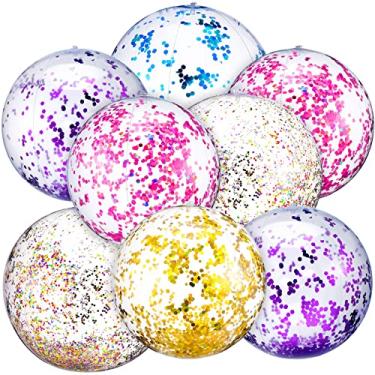 Imagem de 10 peças de bolas de praia com glitter inflável, 4 peças de 64 polegadas e 6 peças bolas de piscina jumbo de 16 polegadas, bolas de praia de piscina para decorações de verão para festas na praia, 5 cores