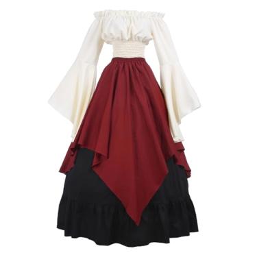 Imagem de CR ROLECOS Fantasia renascentista feminina medieval camponesa vestido manga trompete vitoriana Ren Faire camisa e saia, Vermelho, G