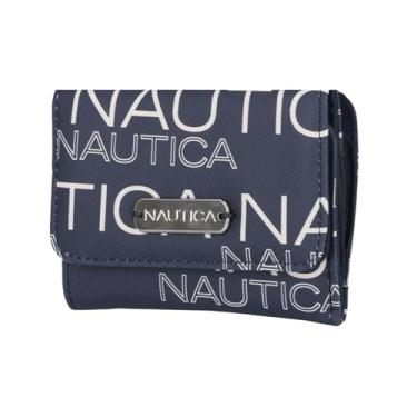 Imagem de Nautica Rower's End Carteira pequena para mulheres, porta-cartão de crédito fino com bloqueio de RFID com bolso para moedas, carteira feminina compacta dobrável com janela para identidade, Índigo/giz