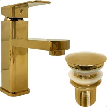 Imagem de Dona D Cor, Kit Torneira Banheiro Dourada Bica Baixa E Valvula Click 1 1/4 Aço Inox Brilhoso Torneira Monocomando Misturador Bancada Lavabo E Ralo De Pia 4cm