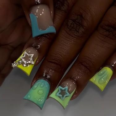 Imagem de RIICFDD Unhas Postiças De Pressão Duck Nails Press On French Tip Longas Cor Verde Gradiente Cola Ampla Estrela Cobertura Total Brilhante Para Mulheres Arte 24 Peças