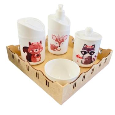 Imagem de Kit Higiene Bebê Floresta Encantada II Menina c/bandeja em MDF (Quadrada Crua/Branca)