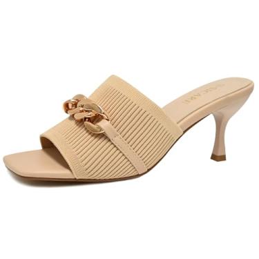 Imagem de SICARE Sandálias Femininas De Salto Quadrado, Bico Aberto, Malha Elástica, Baixo, Elegante, Com Corrente, Confortável, Sem Cadarço, Casual, Preta, Nude, Rosa, Damasco, Tamanho 9