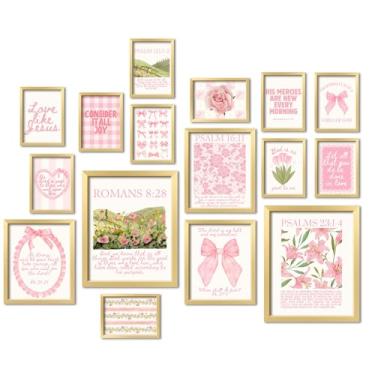 Imagem de ANERZA Decoração de parede cristã de 16 peças, impressões de parede de galeria de versos bíblicos rosa para quarto, pôsteres de Jesus para sala de estar estética, kit de colagem de escrituras com laço