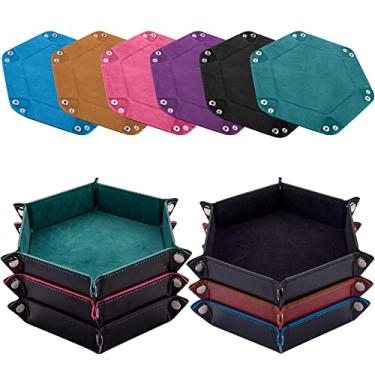 Imagem de SIQUK 6 peças bandeja de dados hexágono suporte de rolamento de dados dobrável de couro PU bandejas de dados para jogos de dados como RPG, DND e outros jogos de mesa (ciano, preto, violeta, rosa, camelo, azul celeste)
