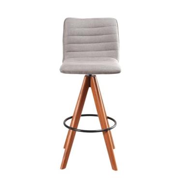 Imagem de Banqueta Giratória com Encosto Estofado e Base em Madeira Castanho – Lucy Exclusiva Linho Cacau