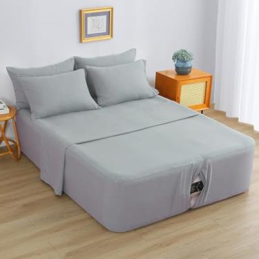 Imagem de Jogo de lençol Queen com colchão de ar de 40 a 61 cm, lençol com elástico alto, macio e respirável, para hóspedes, acampamento, trailers, inclui fronha, lençol de cima, lençol com elástico, cinza