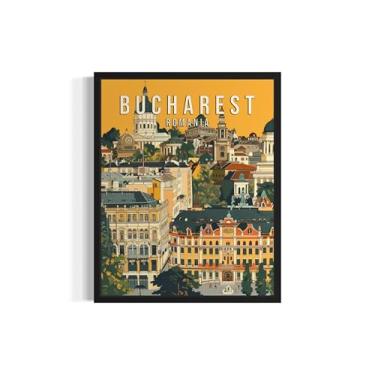 Imagem de Pôster de impressão de arte Bucareste Romênia, pintura de arte do horizonte da cidade europeia, pintura vintage para quarto, banheiro, sala de estar, decoração 54 (Bucareste, Romênia, 20 x 25 cm, sem