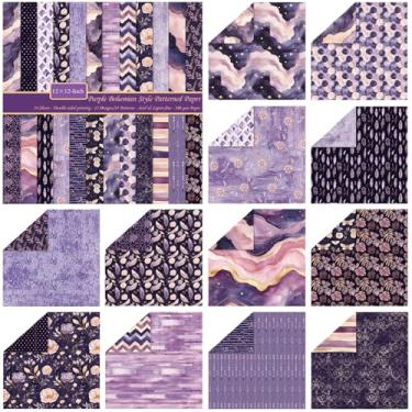 Imagem de ZAKHSE Papel para scrapbook, 30,5 x 30,5 cm, cartolina dupla face estilo boêmio, 24 folhas, roxo, aquarela, scrapbook, 160 g/m², 12 desenhos, 24 estampas